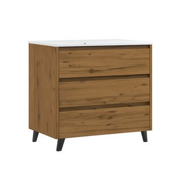 Kibath Mueble De Baño Con Lavabo Sirex 80x45 Cm Acabado Teca Claro Mate 3 Cajones Con Patas
