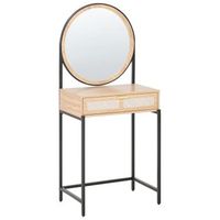 tocador elegante boho con espejo redondo y cajon marron claro y negro cassiar