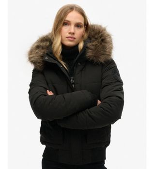 Superdry para mujer. W5011576A Chaqueta Bomber Acolchada con capucha Everest negro (XL), Casual, Poliéster
