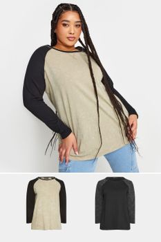 Yours Juego 2 Camisetas Manga Larga Raglan: Negra Y Beige, Mujer Curvy Y Tallas Grandes, Yours