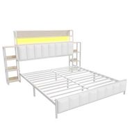 cama tapizada 140 x 200 cm - polipiel y metal - cabecero con almacenaje y led - blanco sin colchon