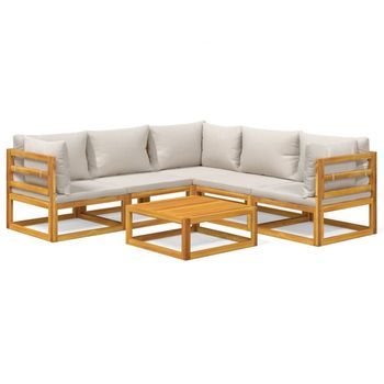 Set Muebles De Jardín 6 Pzas Madera Maciza Y Cojines Gris Claro Vidaxl