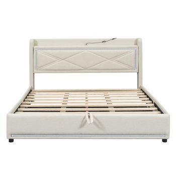 Cama Con Canapé De 160x200cm En Tela De Lino Con Led Y Puertos Usb Beige