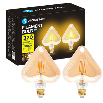 Aigostar - Bombilla LED E27 4W, Luz Cálida 1800K, 320 Lúmenes, Decorativa: Corazón Invertido, Bombilla Vintage de Tipo Edison Con Filamento, Color ámbar, No regulable, Pack 2 Uds