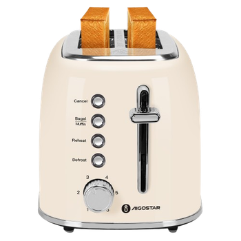 Aigostar Cream - Tostadora Retro, 2 Ranuras Corta Extra Anchas de 4 cm, Acero Inoxidable, 6 Niveles de Tostado, Descongelar, Recalentar y Cancelar, Programa Especial Bagels. Diseño Vintage en Beige. Cream