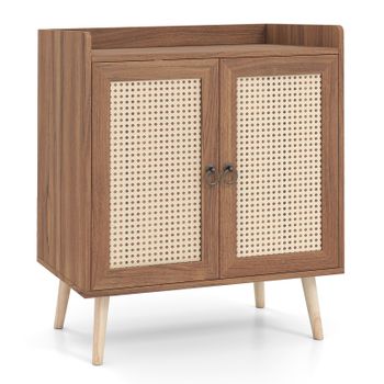 Costway Armario de Almacenaje con Doble Puerta de Rattan Estante Regulable Patas de Madera Maciza para Salón y Entrada 67 x 38 x 77 cm Color Marrón de Madera