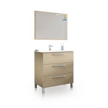 Mueble De Baño De 3 Cajones Con Espejo 80 Cm Feel Roble 80 X 86 X 45 Cm