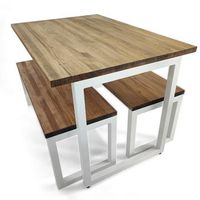 conjunto mesa y bancos icub strong blanco 120x80cm en madera maciza de pino acabado vintage estilo industrial box furniture