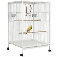 pawhut jaula para pajaros con ruedas con comederos perchas columpio y bandeja extraible 48x46x78 cm blanco