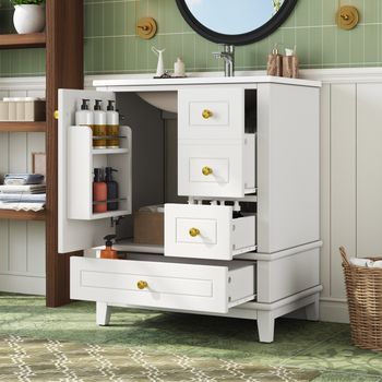 Mueble De Baño Con Lavabo Cerámico, 61 Cm, Blanco, 3 Cajones Y Puerta Con Cierre Amortiguado