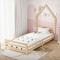cama infantil 90 x 200 cm de madera natural forma de casita tipi juego