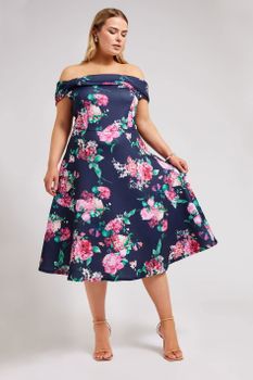 Yours London Vestido Bardot Azul Marino Con Flores, Mujer Curvy Y Tallas Grandes, Yours London
