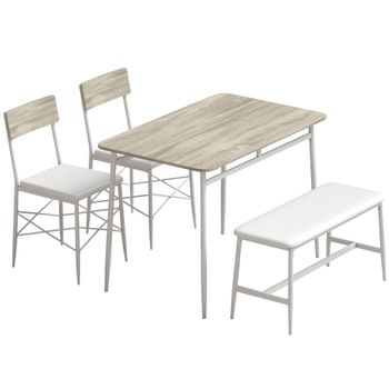 HOMCOM Conjunto de Mesa de Comedor con 2 Sillas y Banco con Asientos Acolchados para Salón y Espacio Pequeño Roble y Blanco   Aosom España