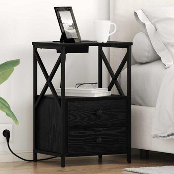 Armario De Noche - Mueble De Dormitorio - Madera Y Acero - Roble Negro (40x31x60cm)