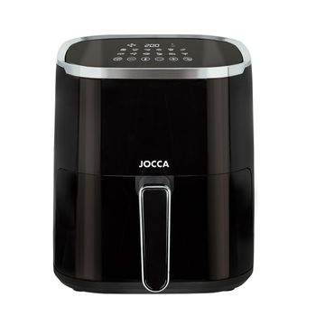 Freidora de aire digital Jocca 5L blanca o negra con 12 programas automáticos, pantalla LED táctil, temperatura 80-200°C, temporizador 1-60min, apagado automático y potencia de 1450W. Incluye rejilla