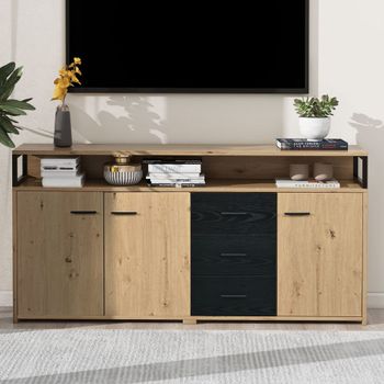 Aparador industrial efecto madera 3 puertas 3 cajones tiradores metal