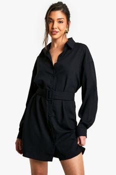Vestido Camisero De Manga Larga Con Cinturón Y Botones, Negro