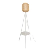 lampara de pie tripode blanca con mesita y pantalla de bambu