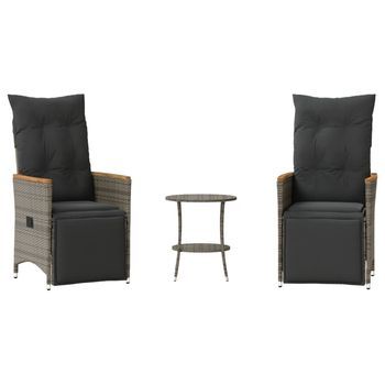 Sillas Y Mesita De Jardín Con Cojines 3 Uds | Conjunto Mueble Jardin Ratán Pe Gris