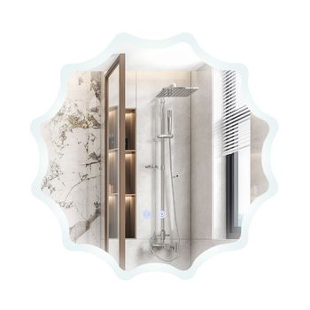 Costway Espejo de Baño LED de 60 x 60 cm Espejo Tocador con Botón Táctil Inteligente Borde Ondulado Luces de 3 Colores y Antivaho para Hotel Plata