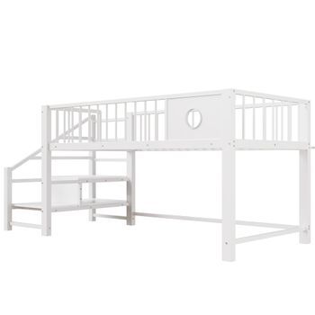 Litera Baja De 90x200 Cm, Infantil, Con Escalera Y Espacio De Almacenamiento, De Metal, Blanca.