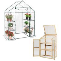 costway combinacion de invernadero tipo cobertizo y invernadero de madera elevado con estantes para proteccion y cultivo de plantas en jardin