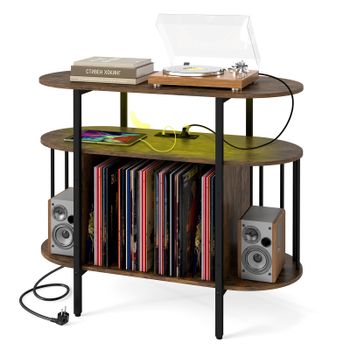 Costway Soporte para Tocadiscos con Estación de Carga y Luz LED Ajustable Estantes Abiertos y Separadores Armario de 3 Niveles Salón Marrón Rústico