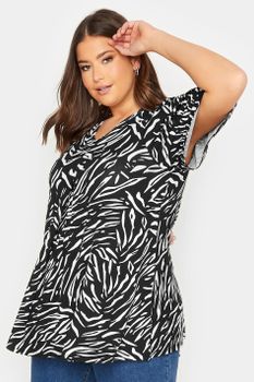 Yours Top Negro Con Vuelo Estampado Animal, Mujer Curvy Y Tallas Grandes, Yours