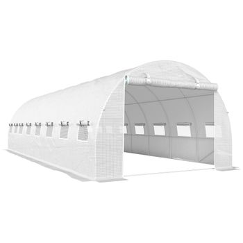 Outsunny Invernadero túnel de jardín 24 m² 8L x 3l x 2H m - 16 ventanas, puerta enrollable con cremallera acero galvanizado, lona PE, Blanco   Aosom España