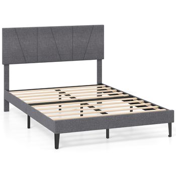 Costway Somier de Cama con Plataforma Tapizada Cabecero Geométrico Ajustable en Altura y Listones de Madera 140 x 200 cm Gris Oscuro