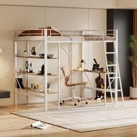 cama loft individual de metal blanco con escritorio y 3 grandes estanterias de almacenamiento para ninos adolescentes y adultos 90x200 cm