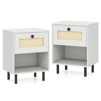 costway juego de 2 mesitas de noche con cajon bohemia con patas de metal compartimento abierto para dormitorio oficina salon blanco