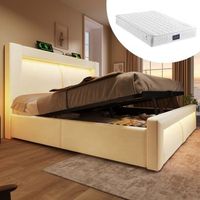 cama con cabecero y canape de 160 x 200 cm - terciopelo - puertos usb y tipo c  led - infantil - beige con colchon
