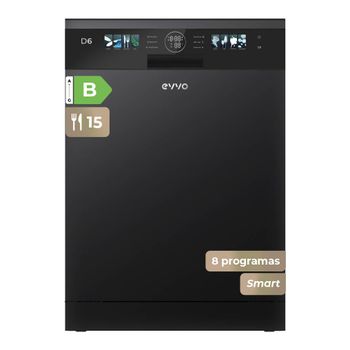 Lavavajillas EVVO D6 60cm, 15 Cubiertos, Clase B, Apertura Auto, Luz UV, Blanco, Inox y Negro