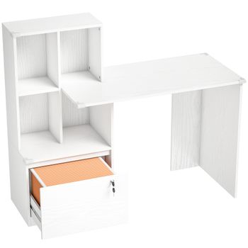 HOMCOM Escritorio para Ordenador con Estantería de 4 Compartimentos y Cajón Archivador con Cerradura 126 x 50 x 109 cm Veta de Madera Blanca   Aosom España