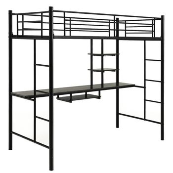 Costway Cama Alta con Escritorio 2 Escaleras Bilaterales y 2 Estantes de Almacenamiento Cama Alta Individual para Adultos y Adolescentes