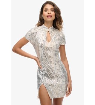 Superdry para mujer. W8011769A Minivestido con cuello mao y lentejuelas plateado (M), Plata, Fiesta, Manga corta, Poliéster Reciclado, Soste