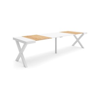 Mesa consola extensible, mesa comedor plegable, 302x90x73cm, para 14 comensales, patas madera maciza, estilo moderno, roble y blanco