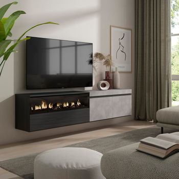 Mueble tv efecto madera cemento 200x35x45cm chimenea efecto fuego