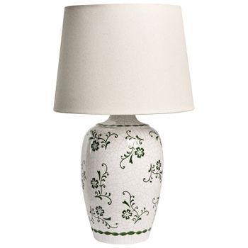 Lámpara De Mesa Estilo Rústico Base De Cerámica Pantalla De Lino Forma Cilíndrica Motivo Floral Acabado Blanco Brillante Billy