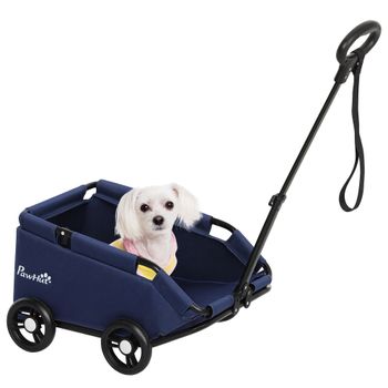 PawHut Cochecito para Mascotas con Barra de Empuje Ajustable Diseño Abierto Cojín y Ruedas 53x45x28 cm Azul Oscuro
