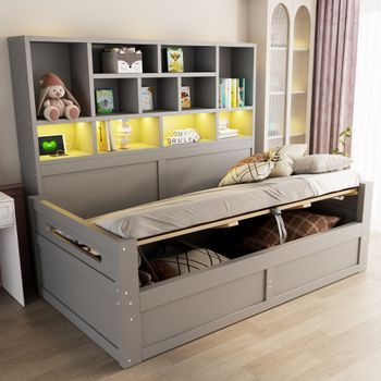 Sofá Cama Individual 90x200 Mdf Gris Con Almacenaje Hidráulico Y Led