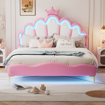Cama Doble Tapizada En Cuero Pu Con Banda Led De Ambiente Regulable, Estilo Princesa Corona, 140x200 Cm, Rosa