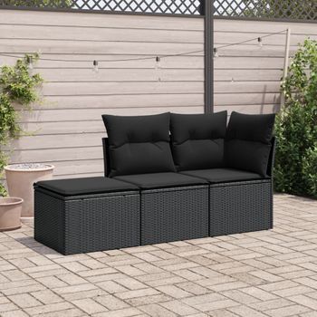 Conjunto De Sofás De Jardín Con Cojines 3 Uds | Mueble Jardin Mesa Y Sillas Ratán Sintético Negro Cfw759102
