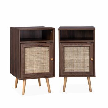 Mesita De Noche Escandinava Con Efecto Madera Y Caña, Set De 2, Madera