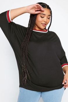 Yours Camiseta Negra Con Rayas En Bordes, Mujer Curvy Y Tallas Grandes, Yours