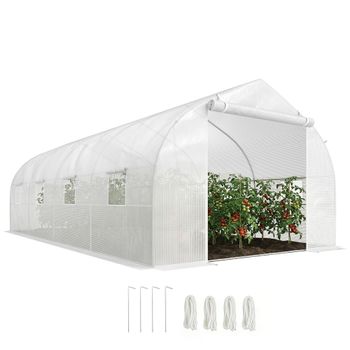 Outsunny Invernadero de Jardín Tipo Túnel con 8 Ventanas Transpirables Puerta Enrollable con Cremallera 593x300x200 cm Blanco   Aosom España