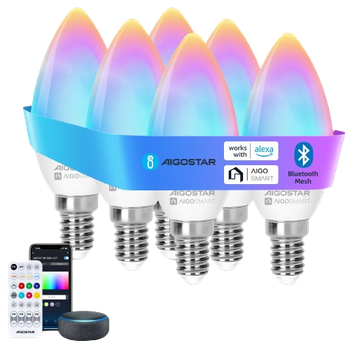 Aigostar Mesh- Bombilla inteligente Bluetooth Mesh, C37. 2700K-6500K y RGB regulable, E14, 6.5W, 555LM. Bombilla LED inteligente compatible con Alexa y Google Home. Incluye mando a distancia. 6Uds