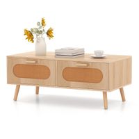 costway mesa de cafe de ratan mesa central moderno con 2 cajones y compartimento trasero mesa rectangular con patas de madera para salon natural