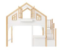 litera infantil 90x200 cm - estilo casa con led y escalera con almacenamiento - blanconatural